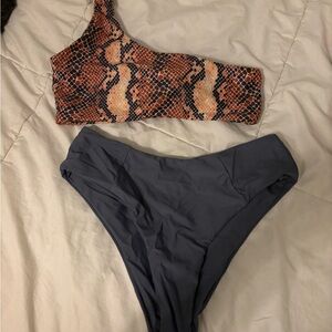 Blackbough One-Shoulder Snake Print Top & Grey Bottoms Bikini Set